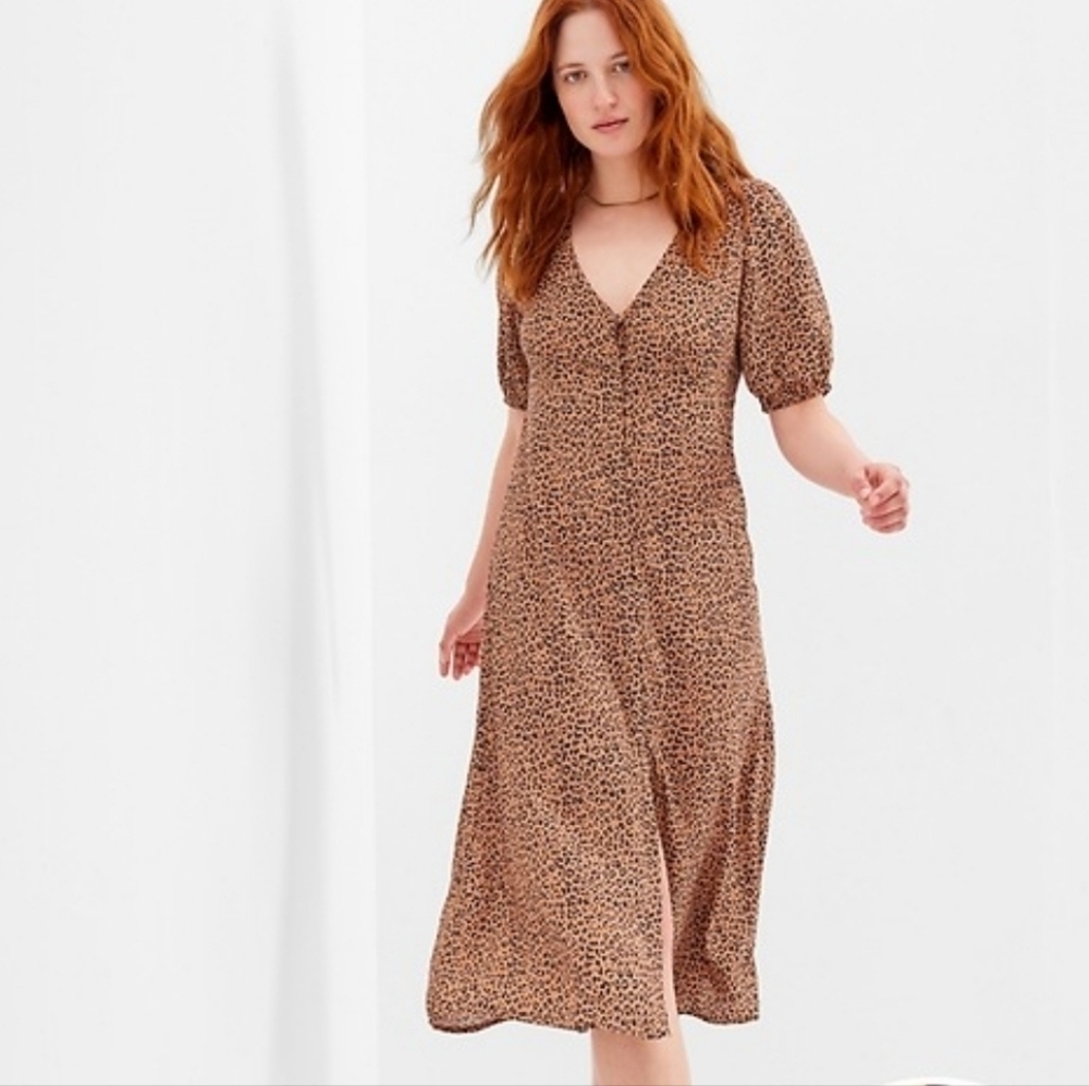 GAP Leopard Animal Print Babydoll Short Puff Sleeve Midi Dress